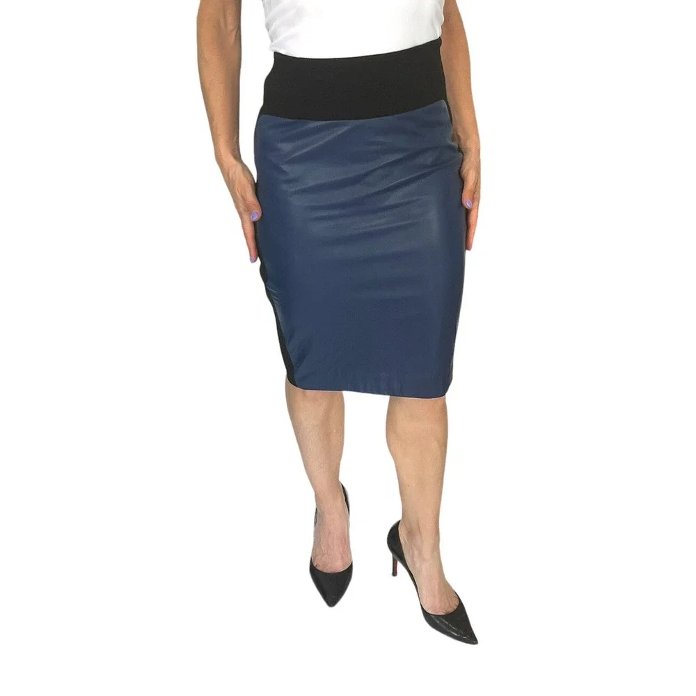 ROBERT RODRIGUEZ  SCUBA NAVY LEATHER COLORBLOCK MOTO JACKET SKIRT SUIT SET 2/4